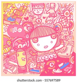 Vector Hand Drawn of Doodle party background. Greeting card design template with girl illustration. Pattern and wallpaper for fabric print.