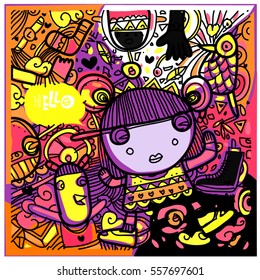 Vector Hand Drawn of Doodle party background. Greeting card design template with girl illustration. Pattern and wallpaper for fabric print.