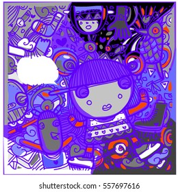 Vector Hand Drawn of Doodle party background. Greeting card design template with girl illustration. Pattern and wallpaper for fabric print.