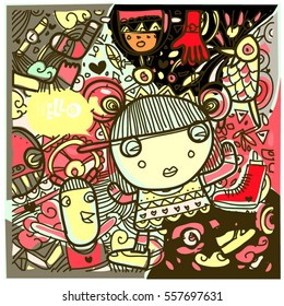 Vector Hand Drawn of Doodle party background. Greeting card design template with girl illustration. Pattern and wallpaper for fabric print.