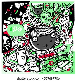 Vector Hand Drawn of Doodle party background. Greeting card design template with girl illustration. Pattern and wallpaper for fabric print.