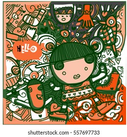 Vector Hand Drawn of Doodle party background. Greeting card design template with girl illustration. Pattern and wallpaper for fabric print.
