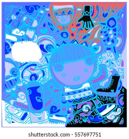 Vector Hand Drawn of Doodle party background. Greeting card design template with girl illustration. Pattern and wallpaper for fabric print.
