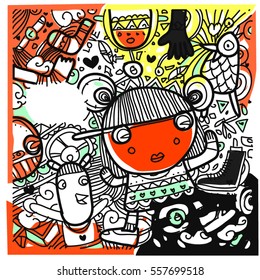 Vector Hand Drawn of Doodle party background. Greeting card design template with girl illustration. Pattern and wallpaper for fabric print.