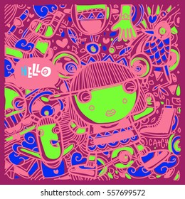 Vector Hand Drawn of Doodle party background. Greeting card design template with girl illustration. Pattern and wallpaper for fabric print.