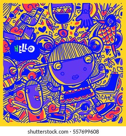 Vector Hand Drawn of Doodle party background. Greeting card design template with girl illustration. Pattern and wallpaper for fabric print.