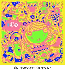 Vector Hand Drawn of Doodle party background. Greeting card design template with girl illustration. Pattern and wallpaper for fabric print.
