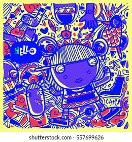 Vector Hand Drawn of Doodle party background. Greeting card design template with girl illustration. Pattern and wallpaper for fabric print.