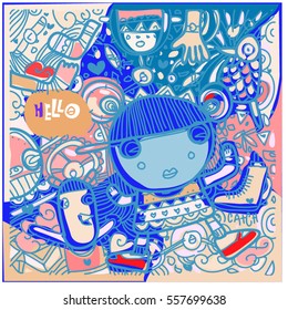 Vector Hand Drawn of Doodle party background. Greeting card design template with girl illustration. Pattern and wallpaper for fabric print.