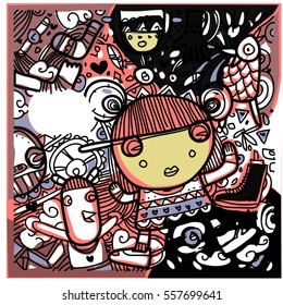 Vector Hand Drawn of Doodle party background. Greeting card design template with girl illustration. Pattern and wallpaper for fabric print.