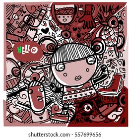 Vector Hand Drawn of Doodle party background. Greeting card design template with girl illustration. Pattern and wallpaper for fabric print.
