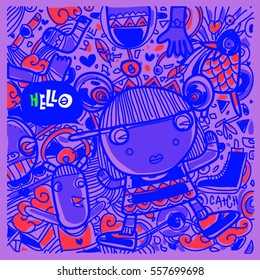 Vector Hand Drawn of Doodle party background. Greeting card design template with girl illustration. Pattern and wallpaper for fabric print.