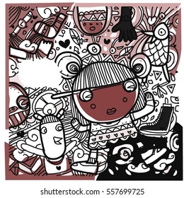 Vector Hand Drawn of Doodle party background. Greeting card design template with girl illustration. Pattern and wallpaper for fabric print.