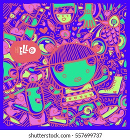 Vector Hand Drawn of Doodle party background. Greeting card design template with girl illustration. Pattern and wallpaper for fabric print.