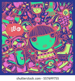 Vector Hand Drawn of Doodle party background. Greeting card design template with girl illustration. Pattern and wallpaper for fabric print.