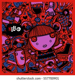 Vector Hand Drawn of Doodle party background. Greeting card design template with girl illustration. Pattern and wallpaper for fabric print.