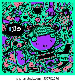 Vector Hand Drawn of Doodle party background. Greeting card design template with girl illustration. Pattern and wallpaper for fabric print.