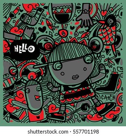 Vector Hand Drawn of Doodle party background. Greeting card design template with girl illustration. Pattern and wallpaper for fabric print.