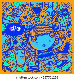Vector Hand Drawn of Doodle party background. Greeting card design template with girl illustration. Pattern and wallpaper for fabric print.