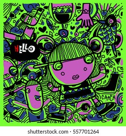 Vector Hand Drawn of Doodle party background. Greeting card design template with girl illustration. Pattern and wallpaper for fabric print.