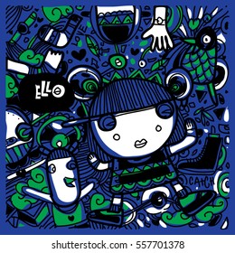 Vector Hand Drawn of Doodle party background. Greeting card design template with girl illustration. Pattern and wallpaper for fabric print.