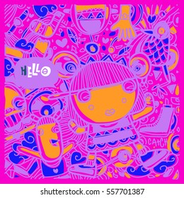 Vector Hand Drawn of Doodle party background. Greeting card design template with girl illustration. Pattern and wallpaper for fabric print.