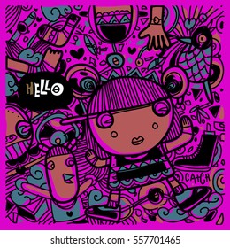 Vector Hand Drawn of Doodle party background. Greeting card design template with girl illustration. Pattern and wallpaper for fabric print.