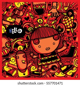 Vector Hand Drawn of Doodle party background. Greeting card design template with girl illustration. Pattern and wallpaper for fabric print.