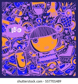 Vector Hand Drawn of Doodle party background. Greeting card design template with girl illustration. Pattern and wallpaper for fabric print.