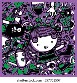 Vector Hand Drawn of Doodle party background. Greeting card design template with girl illustration. Pattern and wallpaper for fabric print.
