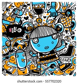 Vector Hand Drawn of Doodle party background. Greeting card design template with girl illustration. Pattern and wallpaper for fabric print.