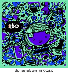 Vector Hand Drawn of Doodle party background. Greeting card design template with girl illustration. Pattern and wallpaper for fabric print.
