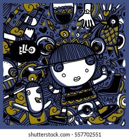 Vector Hand Drawn of Doodle party background. Greeting card design template with girl illustration. Pattern and wallpaper for fabric print.