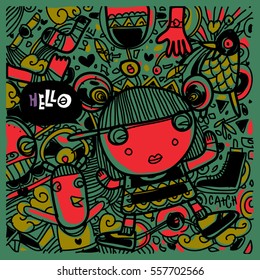 Vector Hand Drawn of Doodle party background. Greeting card design template with girl illustration. Pattern and wallpaper for fabric print.