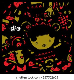 Vector Hand Drawn of Doodle party background. Greeting card design template with girl illustration. Pattern and wallpaper for fabric print.