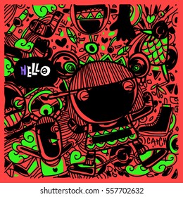 Vector Hand Drawn of Doodle party background. Greeting card design template with girl illustration. Pattern and wallpaper for fabric print.