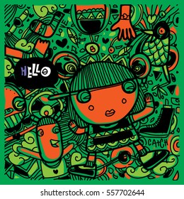 Vector Hand Drawn of Doodle party background. Greeting card design template with girl illustration. Pattern and wallpaper for fabric print.