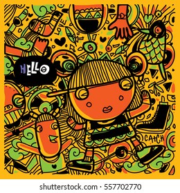 Vector Hand Drawn of Doodle party background. Greeting card design template with girl illustration. Pattern and wallpaper for fabric print.