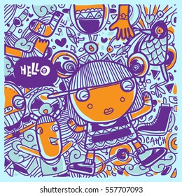 Vector Hand Drawn of Doodle party background. Greeting card design template with girl illustration. Pattern and wallpaper for fabric print.