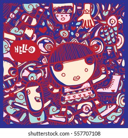 Vector Hand Drawn of Doodle party background. Greeting card design template with girl illustration. Pattern and wallpaper for fabric print.