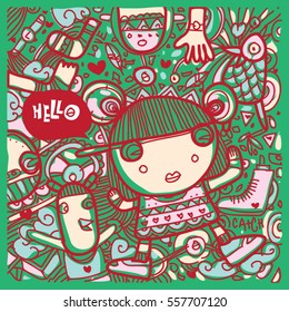 Vector Hand Drawn of Doodle party background. Greeting card design template with girl illustration. Pattern and wallpaper for fabric print.
