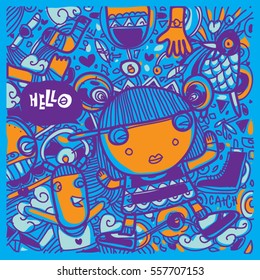 Vector Hand Drawn of Doodle party background. Greeting card design template with girl illustration. Pattern and wallpaper for fabric print.