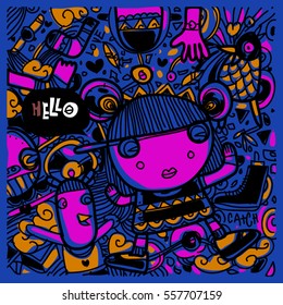 Vector Hand Drawn of Doodle party background. Greeting card design template with girl illustration. Pattern and wallpaper for fabric print.