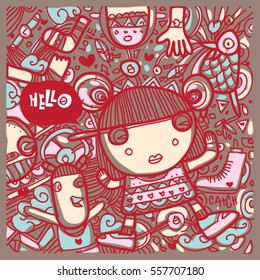 Vector Hand Drawn of Doodle party background. Greeting card design template with girl illustration. Pattern and wallpaper for fabric print.