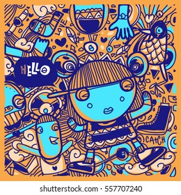 Vector Hand Drawn of Doodle party background. Greeting card design template with girl illustration. Pattern and wallpaper for fabric print.