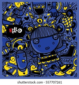Vector Hand Drawn of Doodle party background. Greeting card design template with girl illustration. Pattern and wallpaper for fabric print.