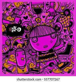Vector Hand Drawn of Doodle party background. Greeting card design template with girl illustration. Pattern and wallpaper for fabric print.