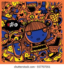 Vector Hand Drawn of Doodle party background. Greeting card design template with girl illustration. Pattern and wallpaper for fabric print.