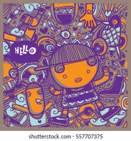 Vector Hand Drawn of Doodle party background. Greeting card design template with girl illustration. Pattern and wallpaper for fabric print.