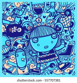 Vector Hand Drawn of Doodle party background. Greeting card design template with girl illustration. Pattern and wallpaper for fabric print.